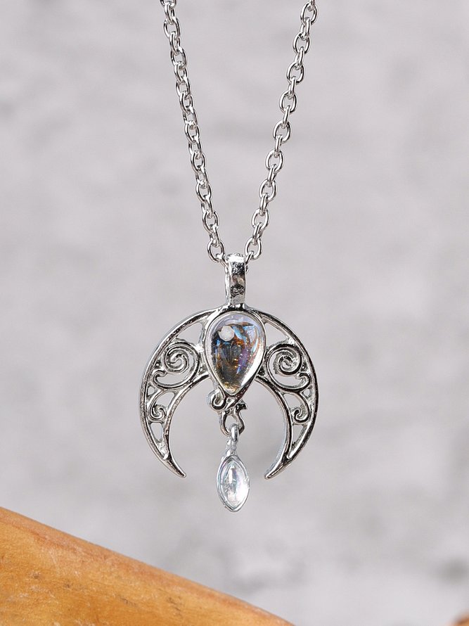 Silver Natural Opal Moonstone Cutout Necklace Ethnic Vintage Jewelry