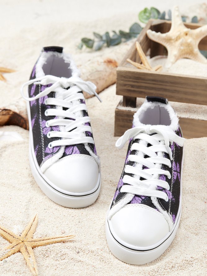 Purple Butterfly Pattern Casual Lace-Up Canvas Shoes