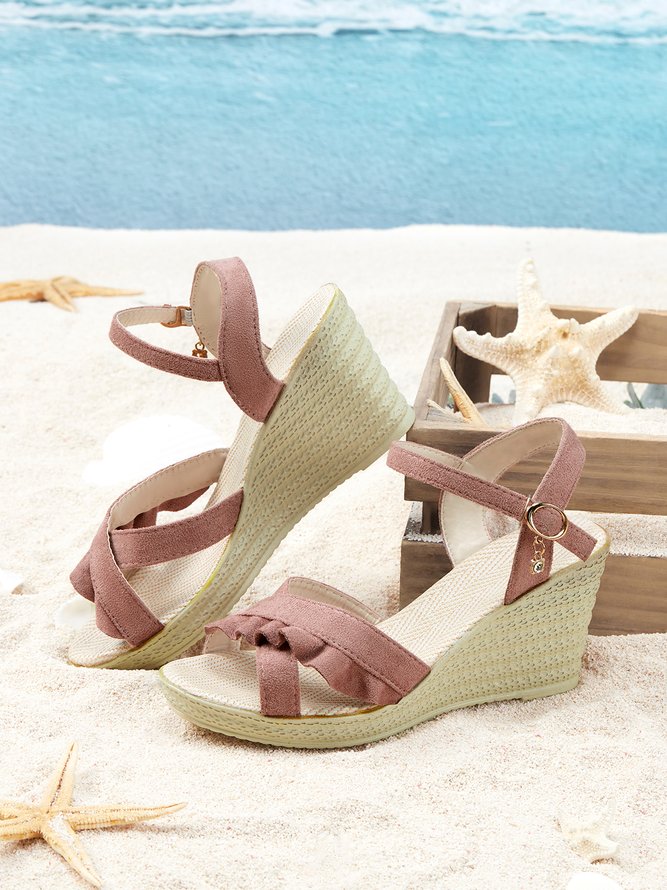 Bohemian Ruched Faux Suede Wedge Sandals