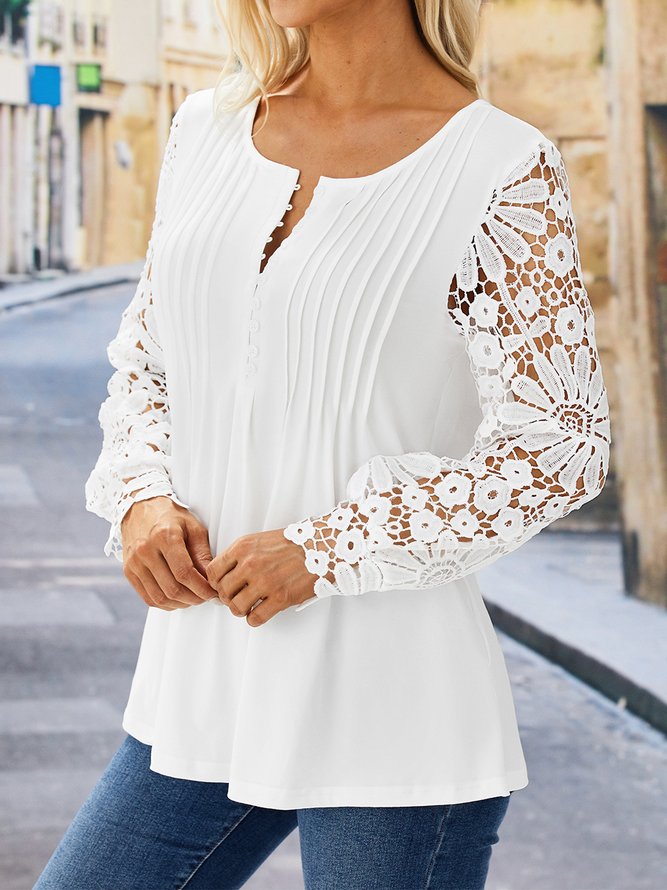 Plain Casual Patchwork Notched Neck Buttoned Design Lace Long Sleeve ...