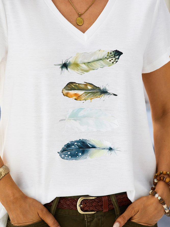 Feather Pattern V Neck Casual T-Shirt