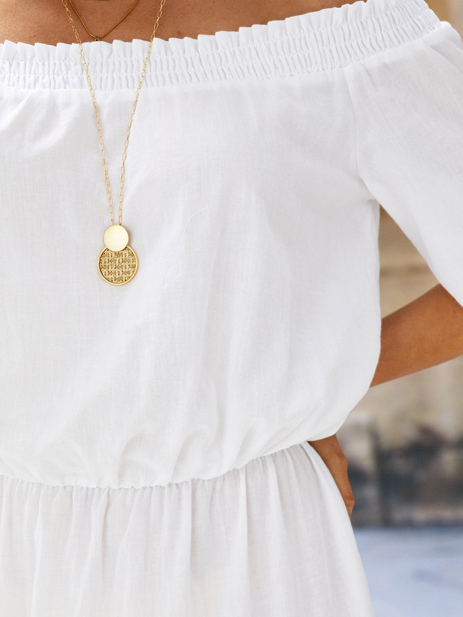 Boat Neck Loosen Casual Solid White Wedding Maxi Short sleeve Woven Dress
