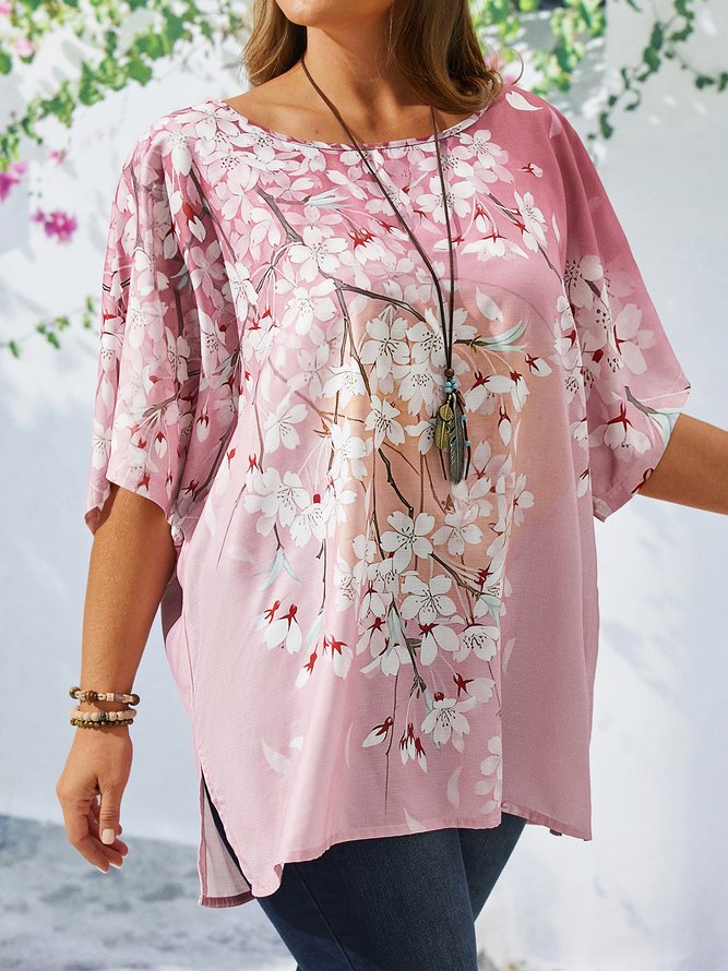 Plus Size Loose Crew Neck Floral Casual Shirt