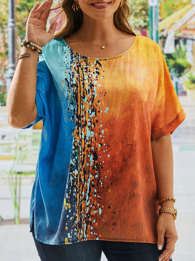 Plus Size Loose Crew Neck Linen Abstract Shirt