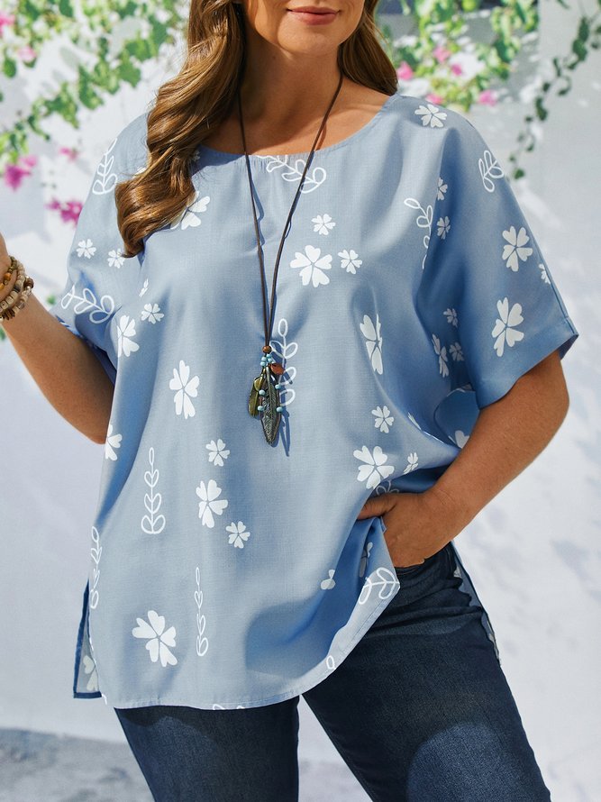 Plus Size Casual Crew Neck Loose Floral Shirt