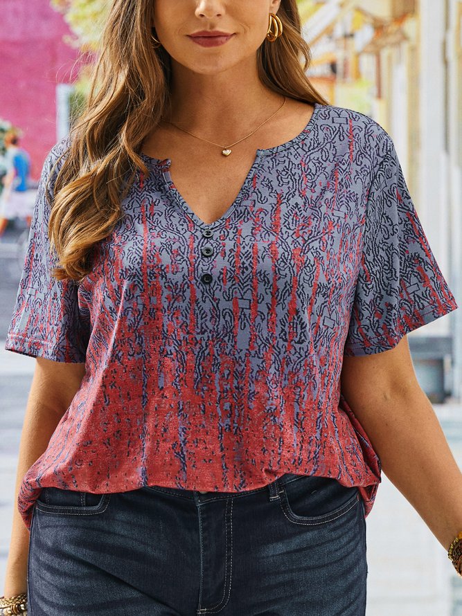 Plus Size Ethnic Knitted Notched Regular Fit T-Shirt