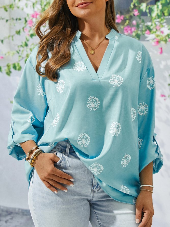 Plus Size Vintage V Neck Dandelion Printed Casual Top