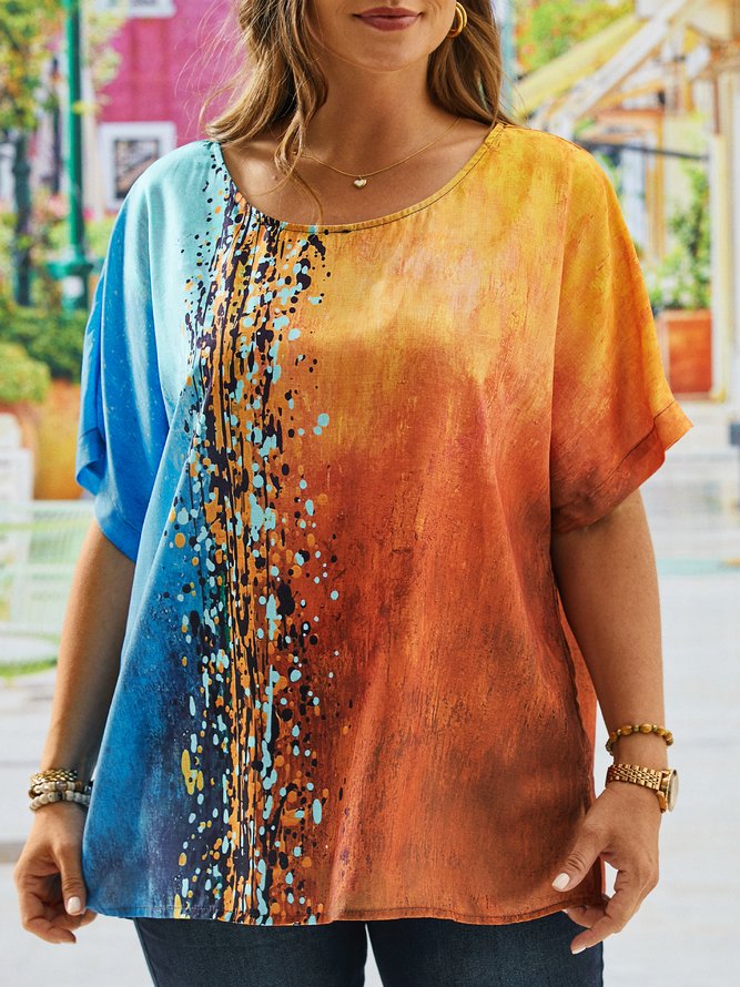 Plus Size Loose Crew Neck Linen Abstract Shirt