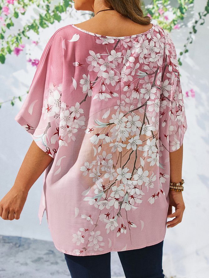 Plus Size Loose Crew Neck Floral Casual Shirt