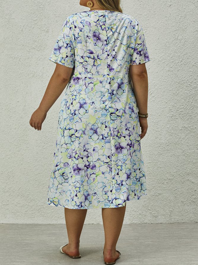 Plus Size Crew Neck Vacation Floral Dress