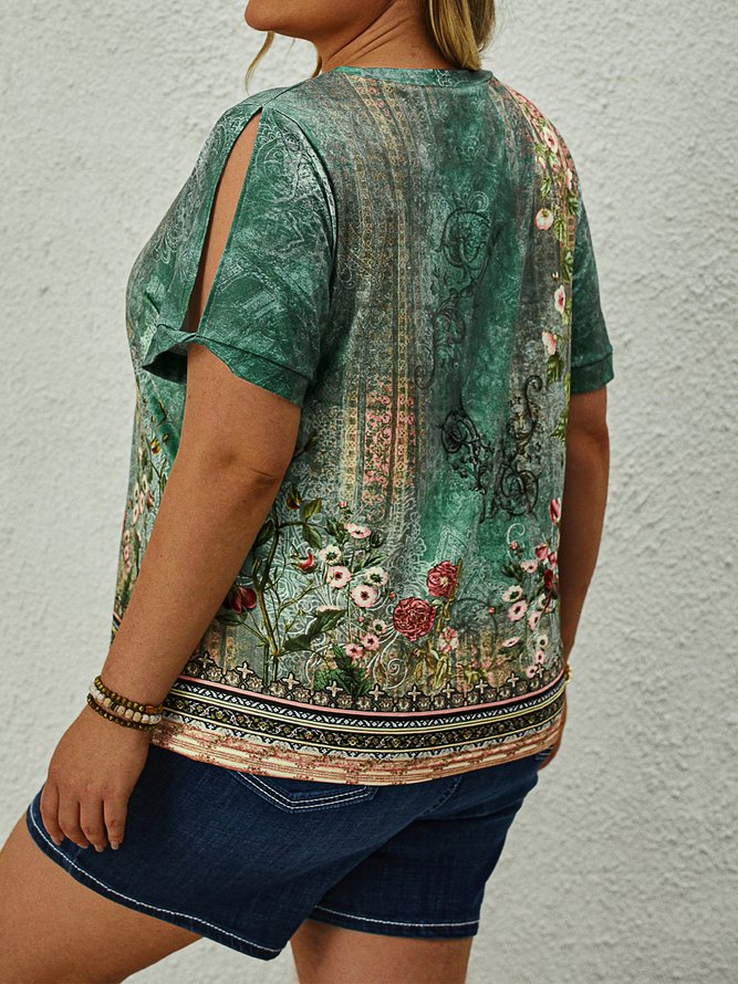 Plus Size Casual Crew Neck Ombre Jersey Shirt