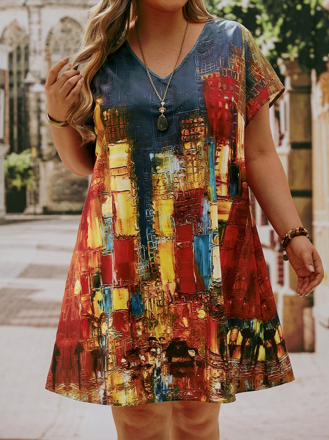 Plus Size V Neck Loose Ethnic Pop Art Print Dress