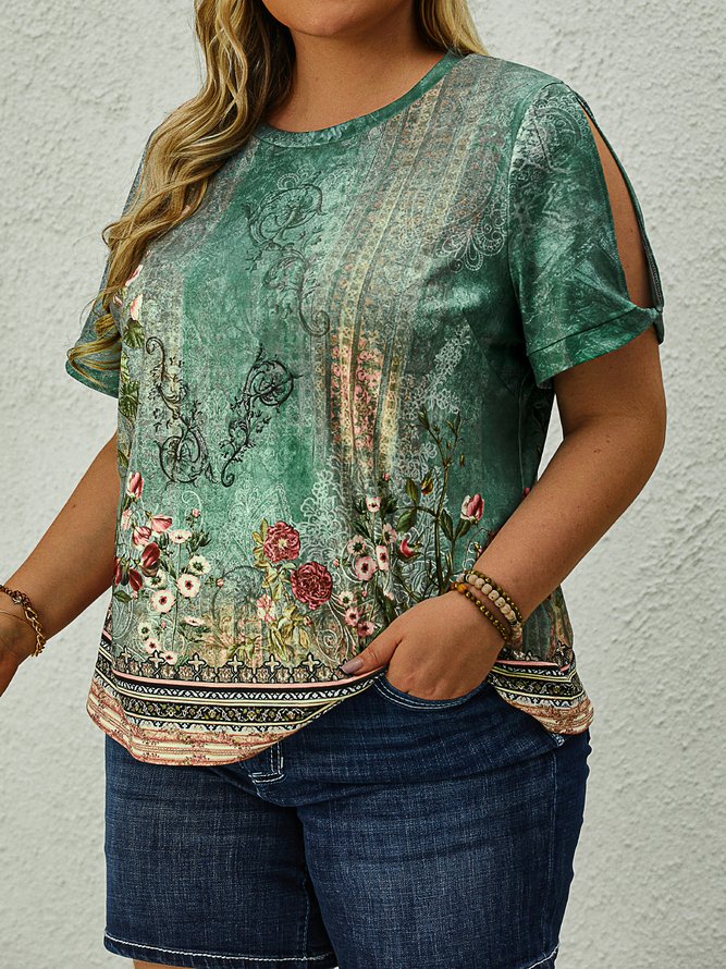 Plus Size Casual Crew Neck Ombre Jersey Shirt