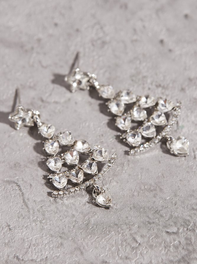 Banquet Party Silver Diamond Heart Earrings Christmas Tree Pattern Jewelry Xmas Earrings