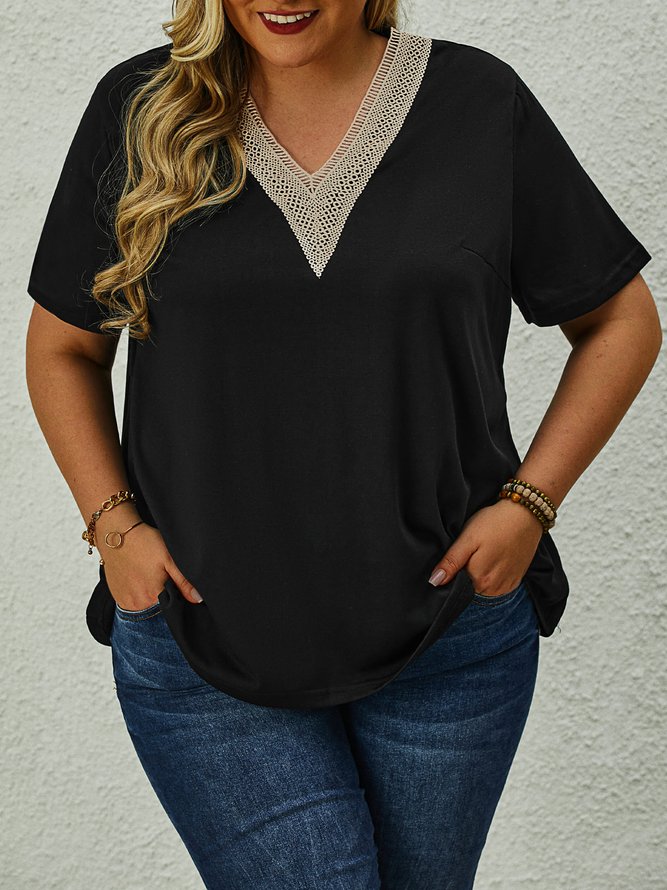 Plus Size Knitted Casual Plain V Neck T-Shirt
