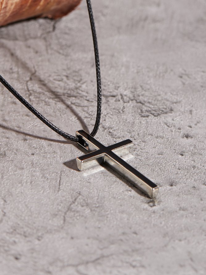 Daily Casual Black Cross Leather Rope Pendant Necklace Daily Dress Versatile Jewelry
