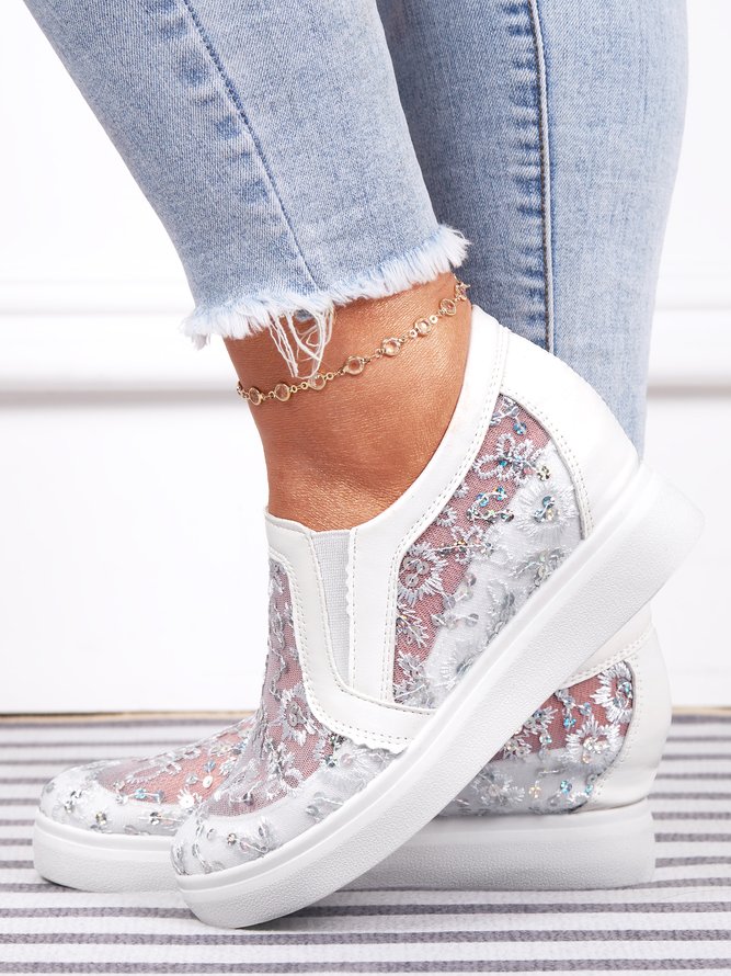 Sequins Floral Embroidered Lace Paneled Slip-On Wedge Shoes