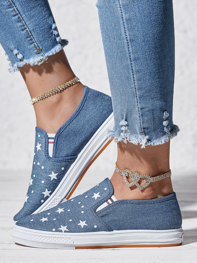 Independence Day Flag Stars Graphics Denim Blue Slip-ons Canvas