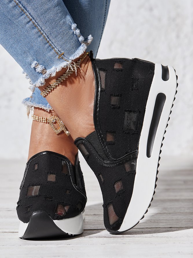 Mesh Ripped Denim Raw Hem Slip On Muffin Sneakers