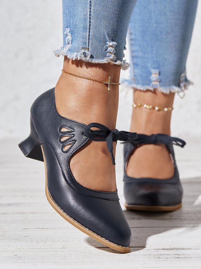 Vintage Bow Decor Hollow out Spool Heel Mary Jane Shoes