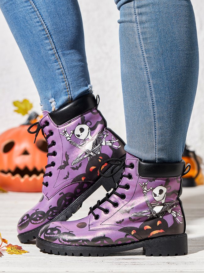 Street All Season Skull Printing Low Heel Best Sell Pu Rubber Lace-Up Boots for Women