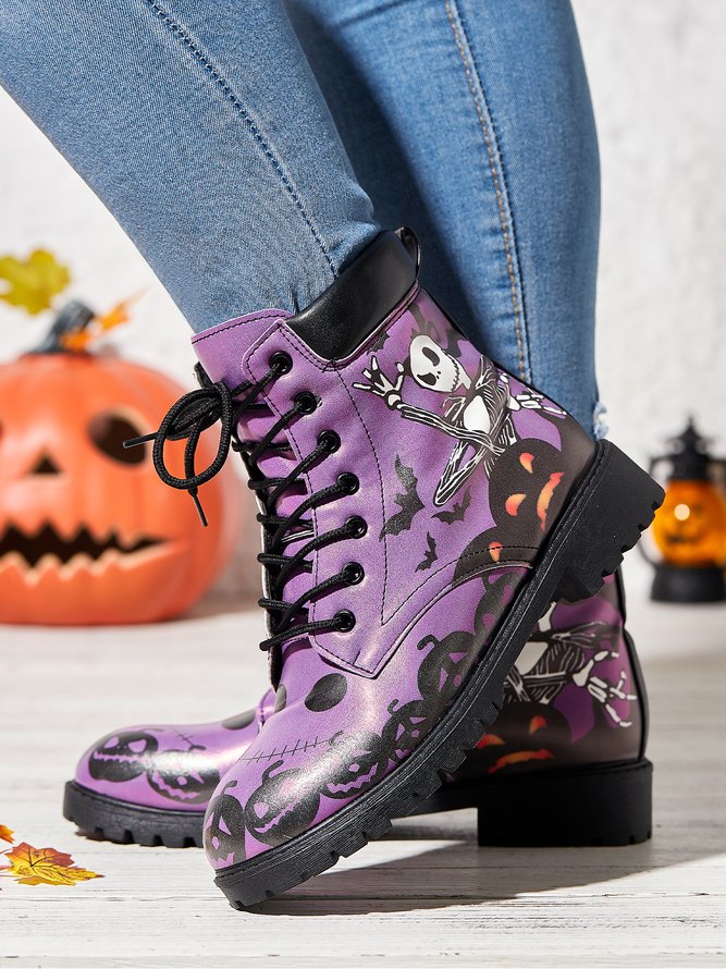 Street All Season Skull Printing Low Heel Best Sell Pu Rubber Lace-Up Boots for Women