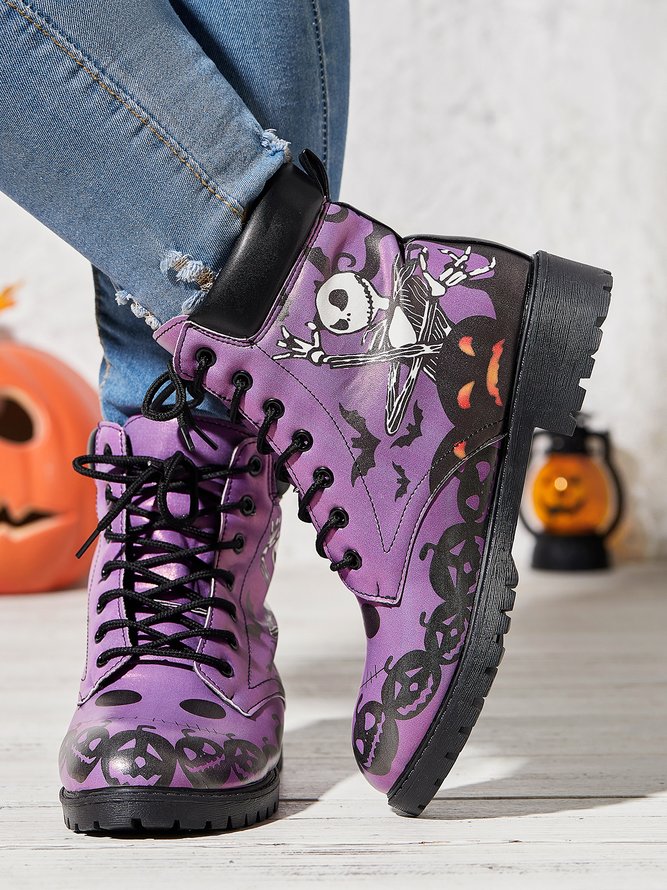 Street All Season Skull Printing Low Heel Best Sell Pu Rubber Lace-Up Boots for Women