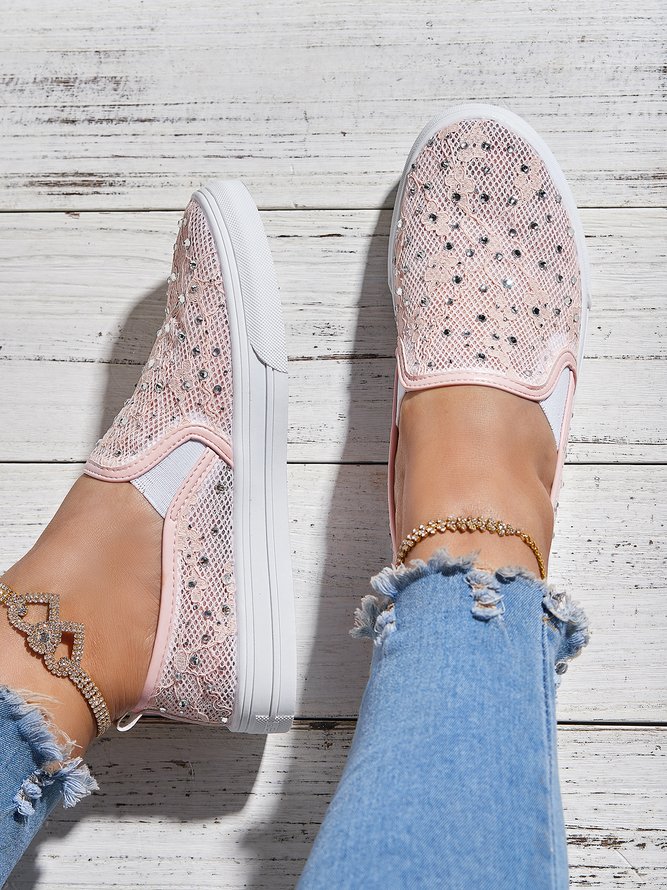 Pink Lace Rhinestone Decor Breathable Slip On Shoes