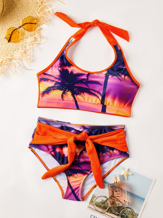 Vacation Coconut Tree Printing Scoop Neck Bikinis Two-Piece Set