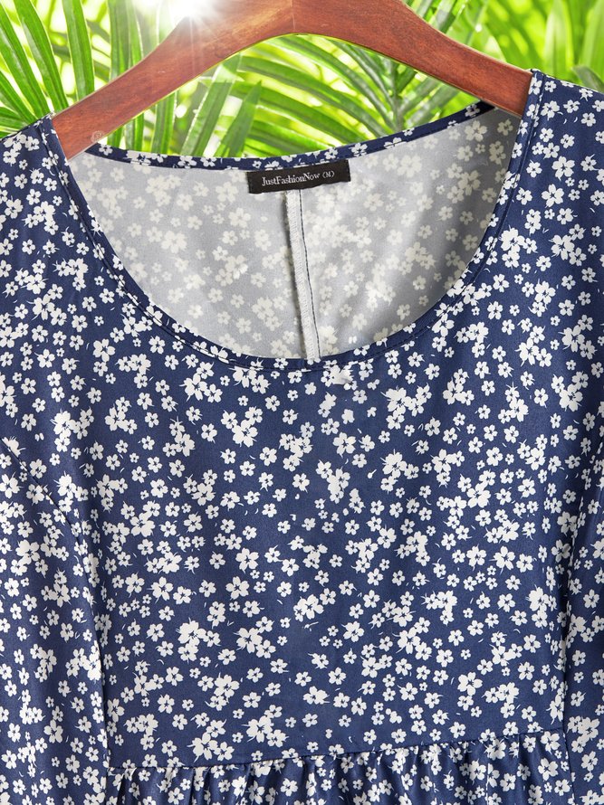 Women Casual Flora-Print Short Sleeve Casual Dress