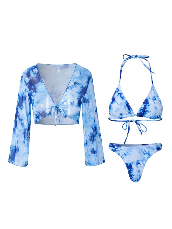 Elegant Tie-Dye Pattern Printing V Neck Bikinis set Three-Piece Set