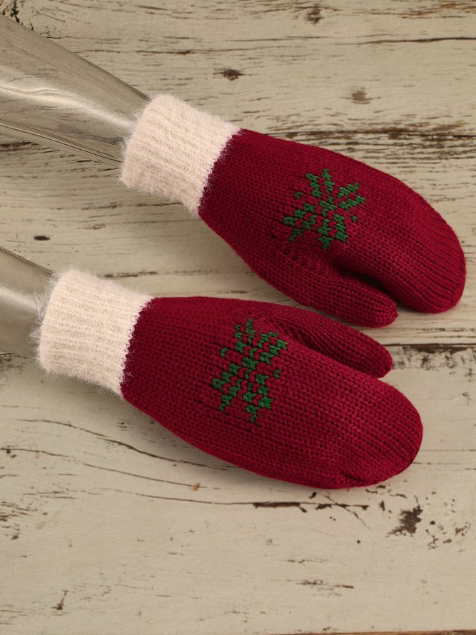 Christmas Botanical Red Knitted Gloves Holiday Party Matching Gloves Stretch Gloves Xmas Gloves