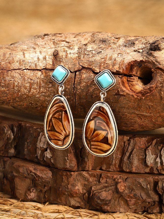 zolucky Brown Drop Vintage Turquoise 925 Sterling Silver Earrings