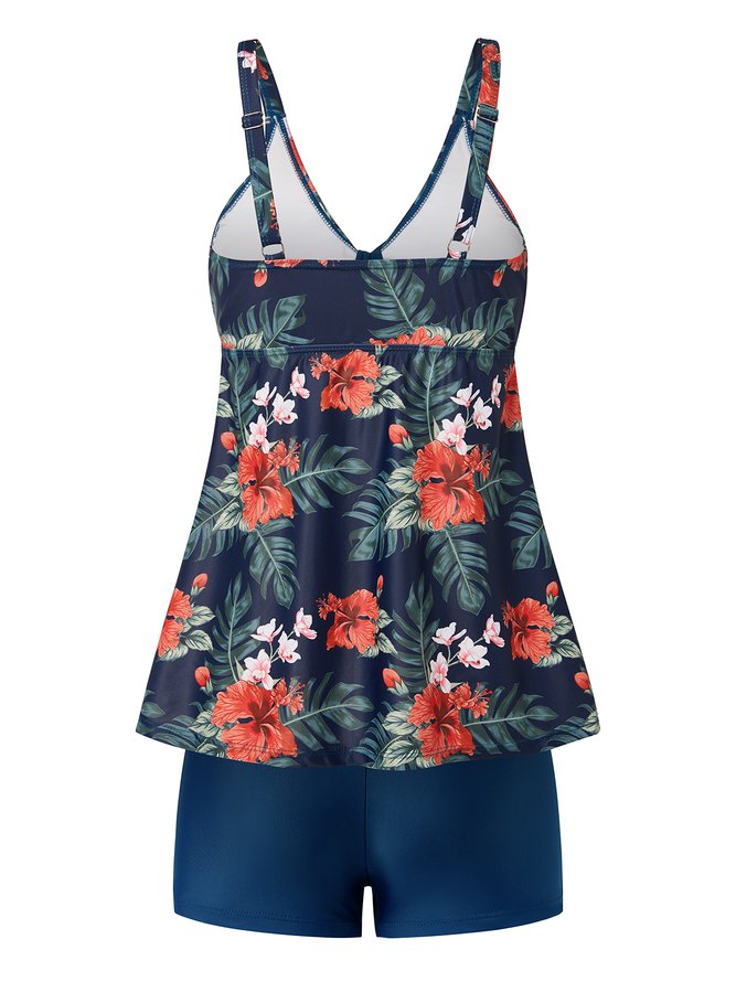 Vacation Floral Printing Scoop Neck Tankinis Two-Piece Set