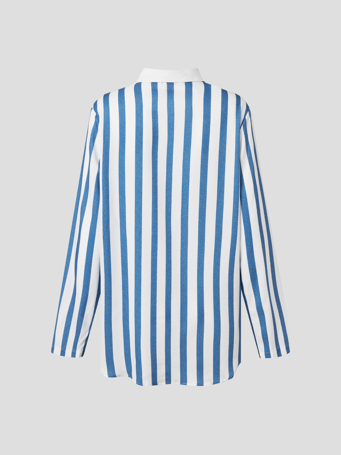 Shirt Collar Stripes Cotton-Blend Long Sleeve Blouse