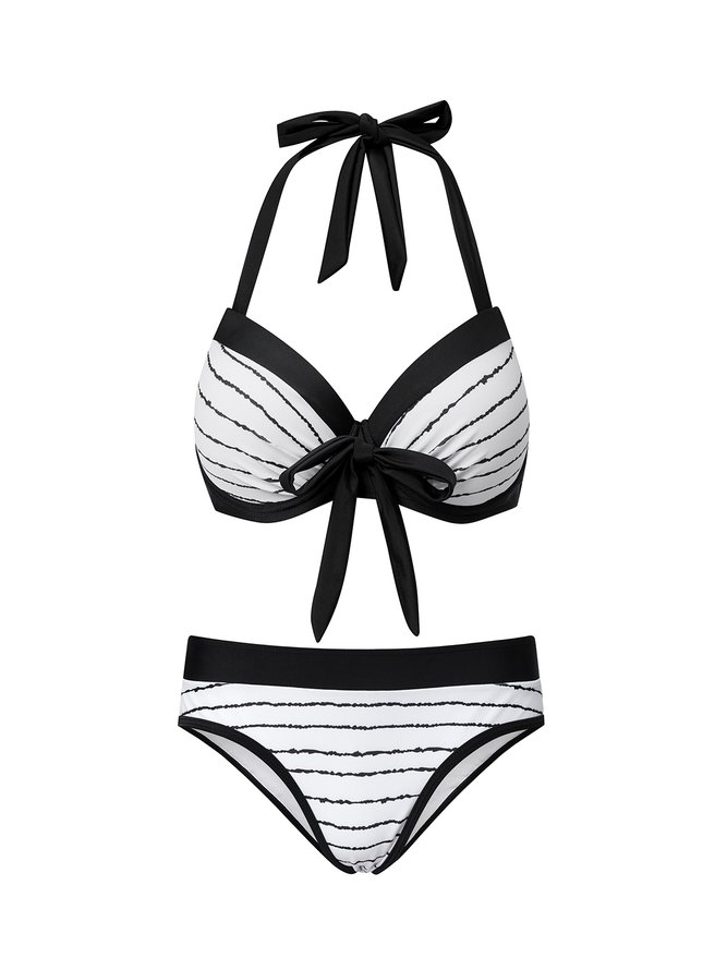 Simple Striped Printing Halter Bikinis Two-Piece Set