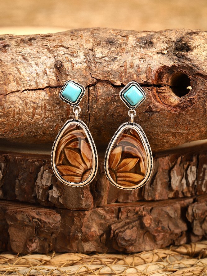 zolucky Brown Drop Vintage Turquoise 925 Sterling Silver Earrings