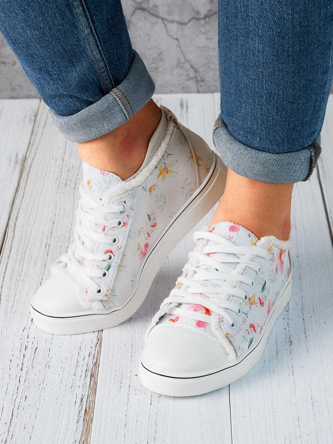 Lightweight Breathable Wear-Resistant Floral Lace-Up Sneakers Canvas Shoes