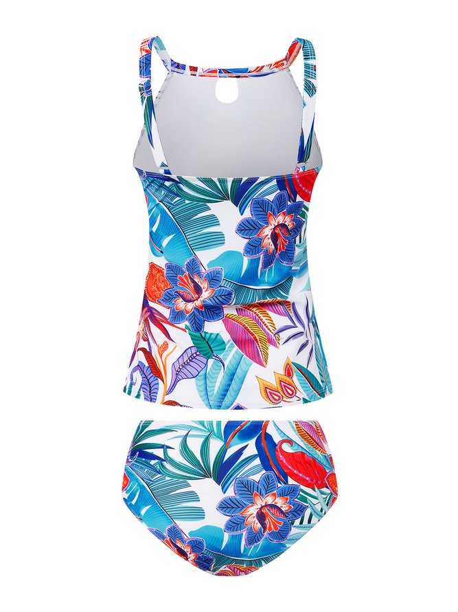Vacation Floral Printing Crew Neck Tankinis Two-Piece Set