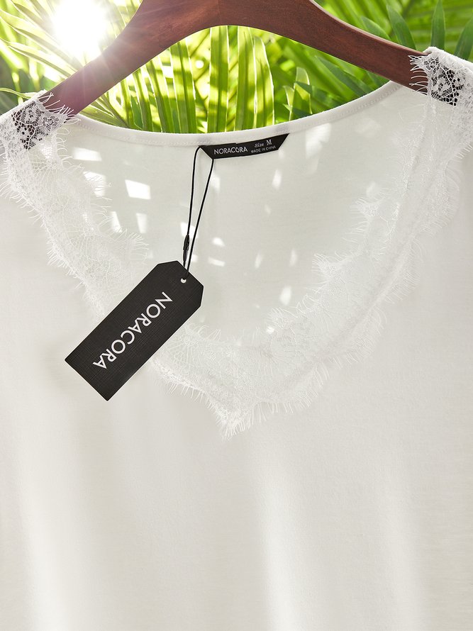 Lace Plain Casual Short Sleeve T-Shirt