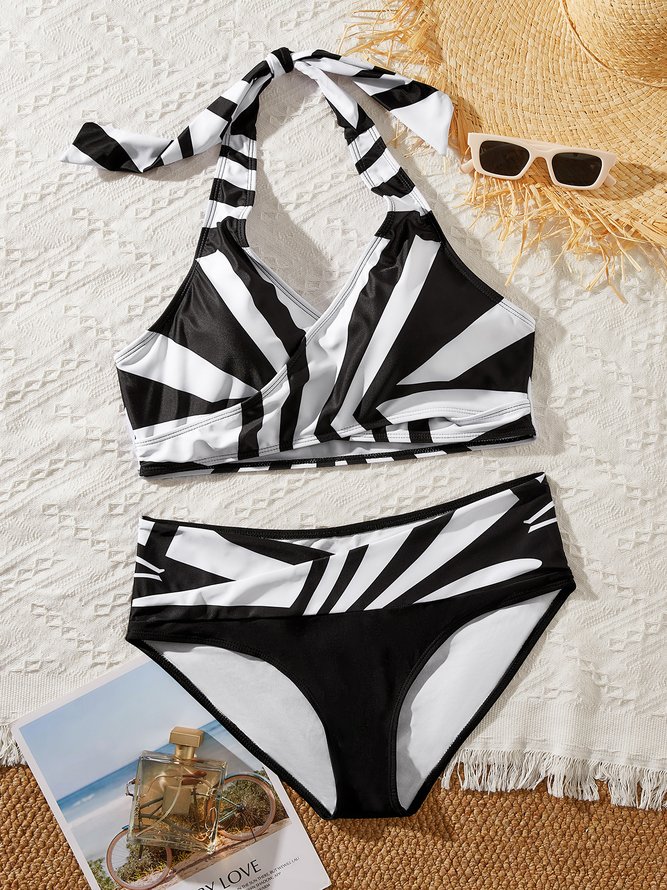 Casual Striped Printing V neck Bikinis Two-Piece Set
