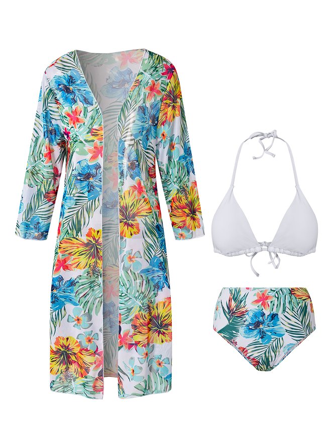 Elegant Floral Printing Halter Bikinis set Three-Piece Set