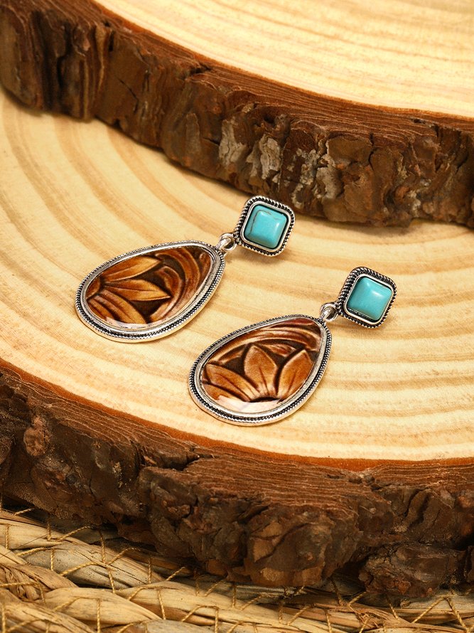 zolucky Brown Drop Vintage Turquoise 925 Sterling Silver Earrings