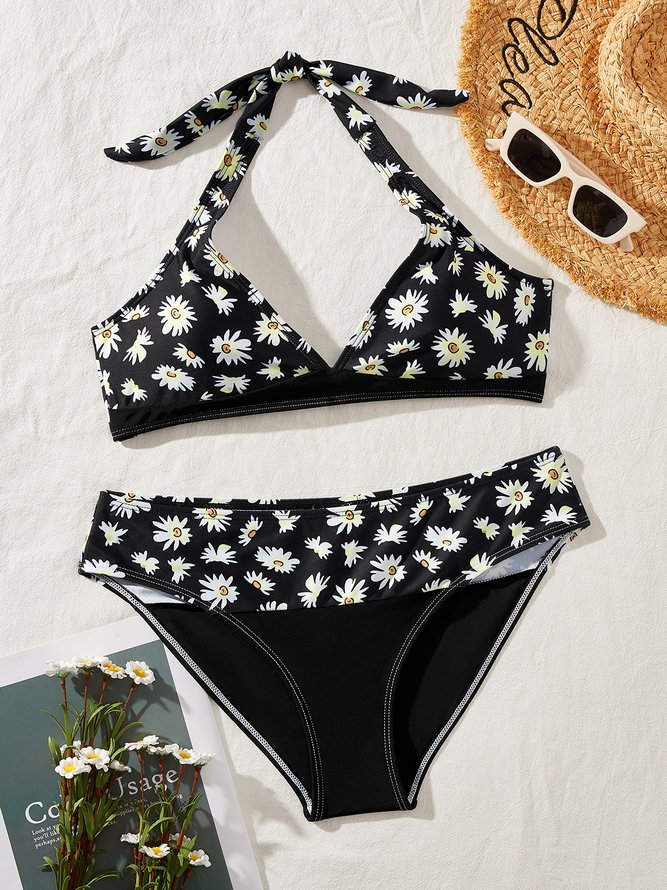 Casual Floral Printing V neck Bikinis Two-Piece Set