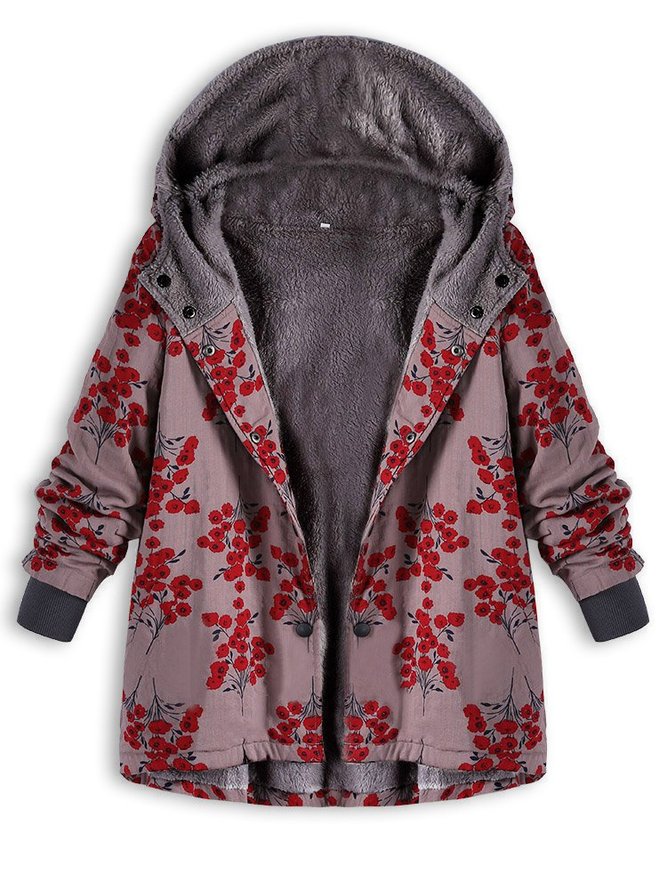 zolucky Floral Printing Cotton Fleece Hooded Autumn Winter Coats | zolucky