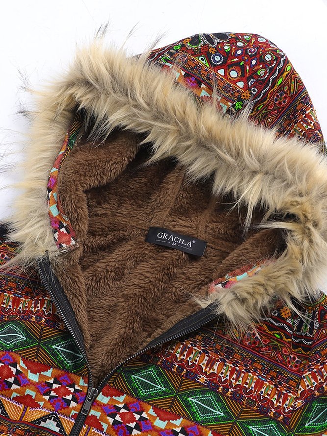 Ethnic Printed Faux Fur Hooded Fleece Autumn Winter Coat