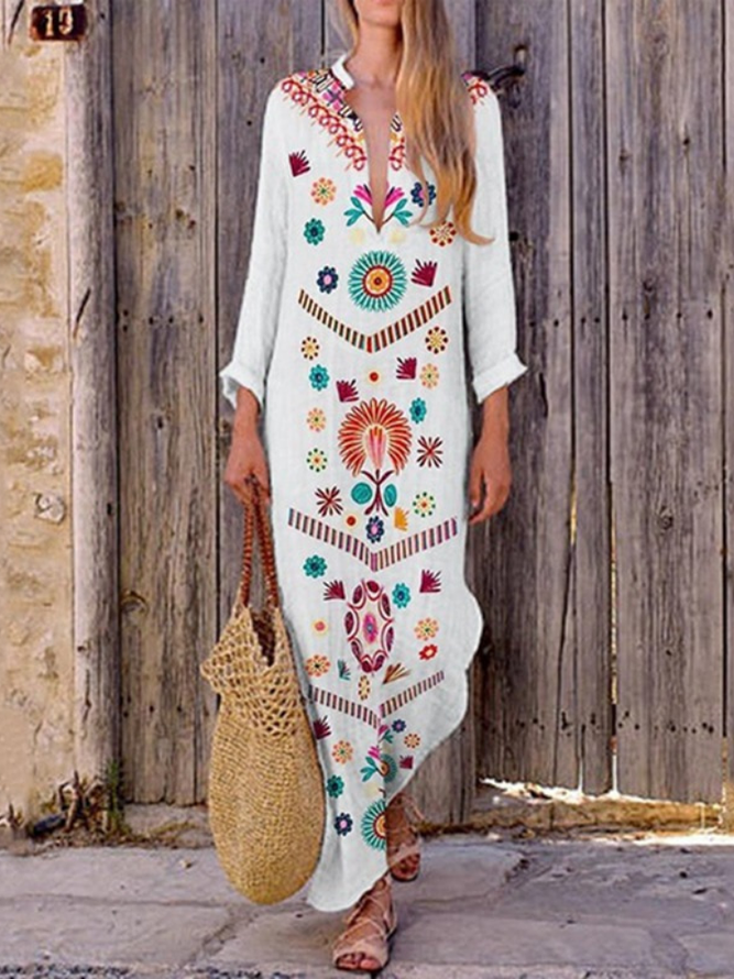 Zolucky Long Sleeve Boho Sweet Floral Vacation Maxi Weaving Dress zolucky