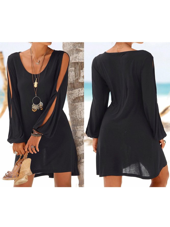Women Cold Shoulder Long Sleeve Round Neck Causal Holiday Mini Dress