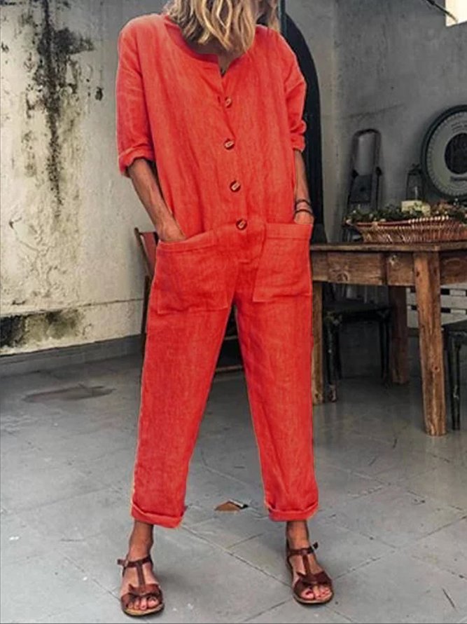 zolucky Women Casual Jumpsuits Buttoned Solid Holiday Jumpsuits
