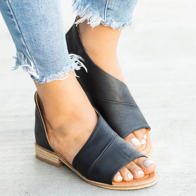 Women Peep Toe Side-cut Style Stacked Heel Flat Sandals